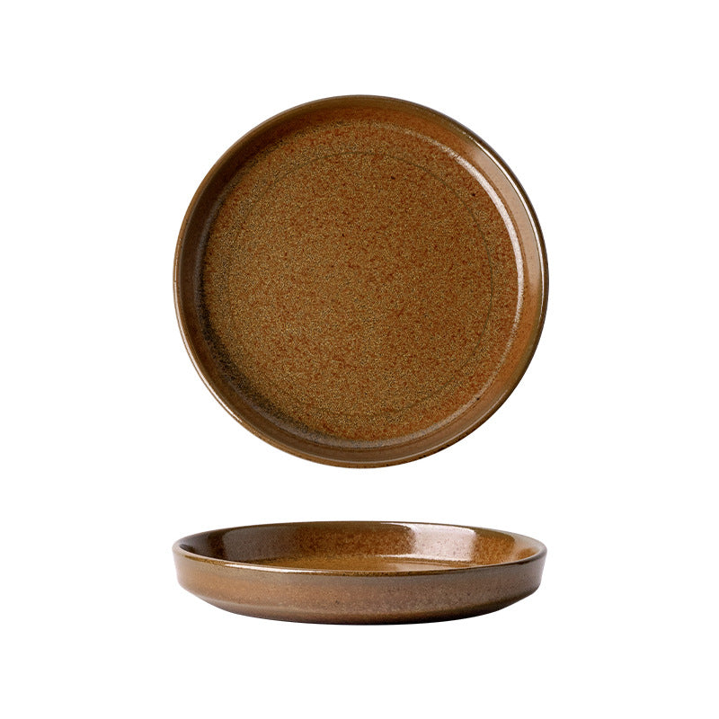 Retro kiln round disc with edge afternoon tea cake plate coffee cup and saucer restaurant bone plate snack plate for home fruit plate