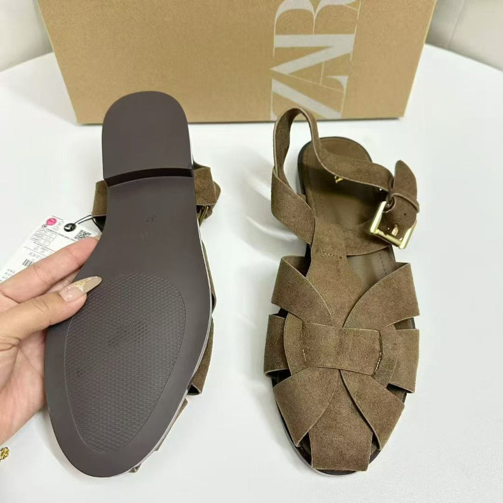 Za2025summernew arrivalcut out round toe sandals women's bag toe easiest for match lightweight plaidflats roman beach women's shoes