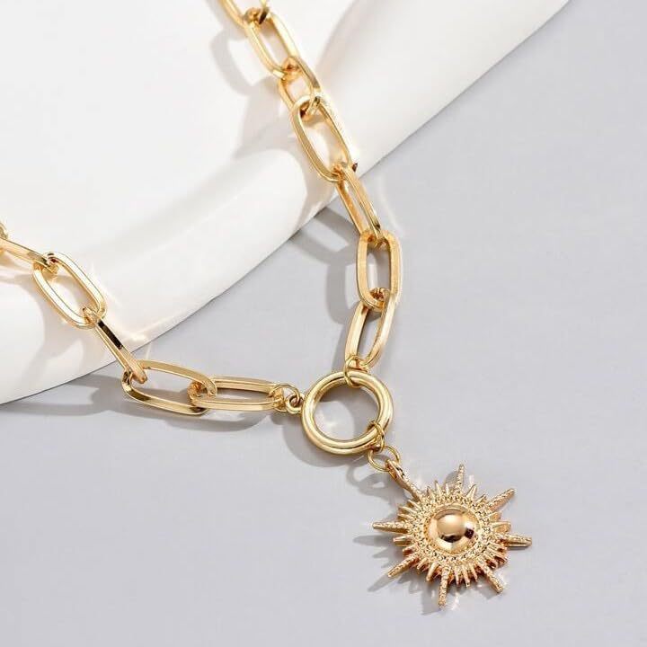 2025 amazon cross-border new solar pendant necklace paperclip chain chunky necklace fashion commute jewelry for women