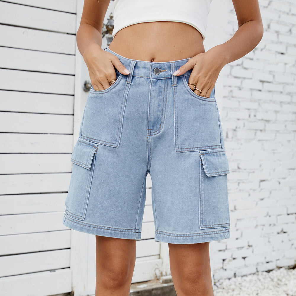 European and american cross-border summer new arrivals:   street style trendy washed denim cargo shorts for women