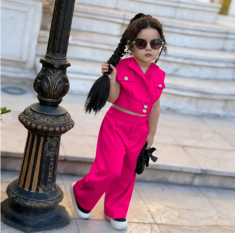 new girls' solid color cropped vest set: collared vest + high-waisted wide-leg pants