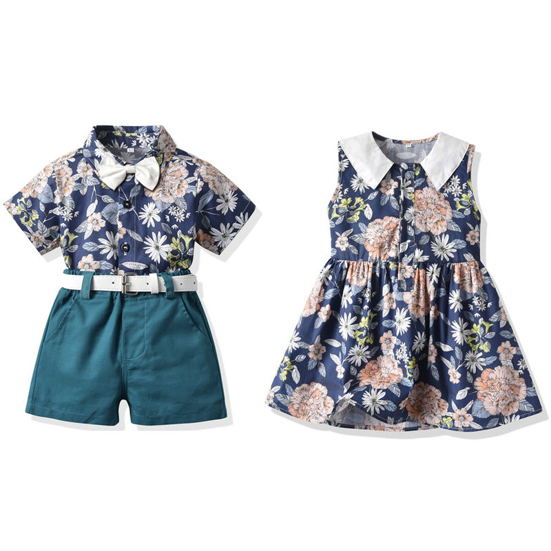 Brother and sister wear export spring and summer new arrival children's clothing boys short-sleeved shorts suspender suit girls floral skirt wholesale