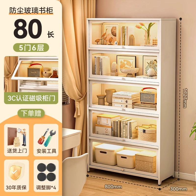 Steel bookcase with glass doors, kids' bookshelf, home living room storage cabinet, dustproof display cabinet, iron art shelf