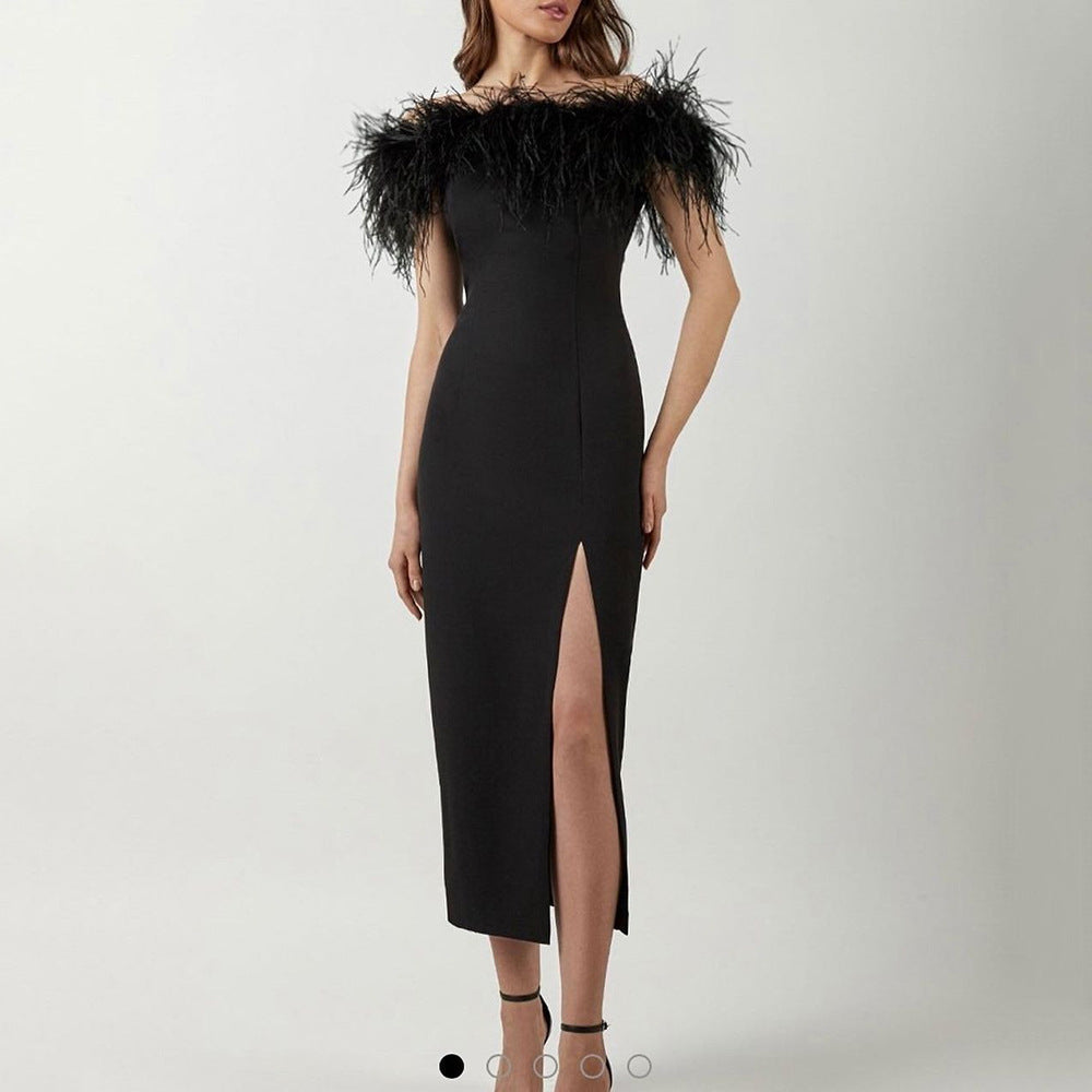 2024 cross-border spring/summer new european and american style one-shoulder evening gown feather socialite dress banquet elegant long dress
