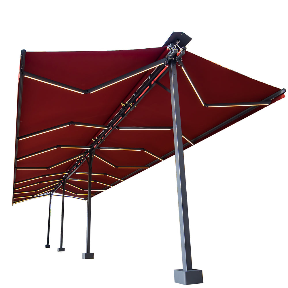 Double-door electric awning and rain canopy for large area telescopic sunshade and rain canopy at the queue passage in the park scenic area