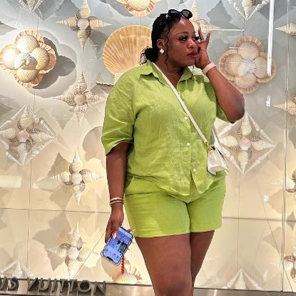 Foreign trade long-sleeved shirt two-piece set European and American women's clothing solid color large size loose fashion casual shorts African suit women