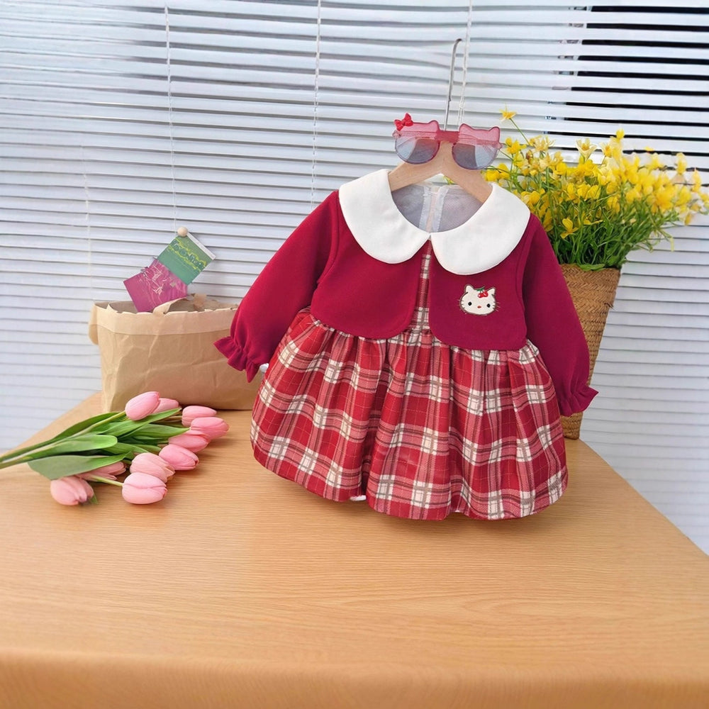 【dropshipping】baby girl dress  new stylish children's princess dress plaid kitten pattern princess dress