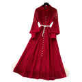 Frenchclassy stand collar v neck lantern sleeve lacedress women's waist slimming lookelegant single-breasted long skirt