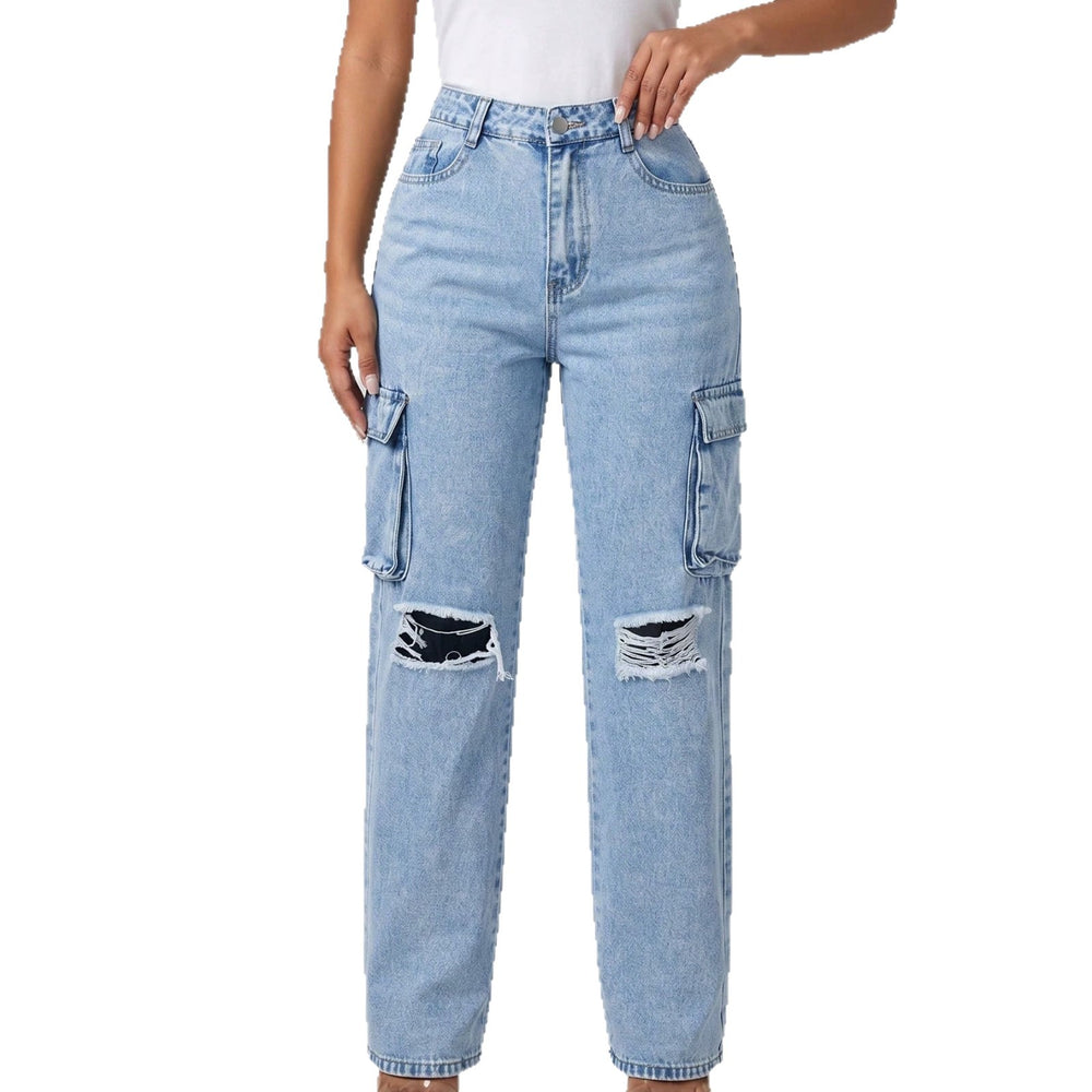 European and american style women's high-waisted distressed denim cargo pants - vintage washed straight leg jeans, american trendy women's denim trousers