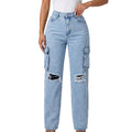 European and american style women's high-waisted distressed denim cargo pants - vintage washed straight leg jeans, american trendy women's denim trousers