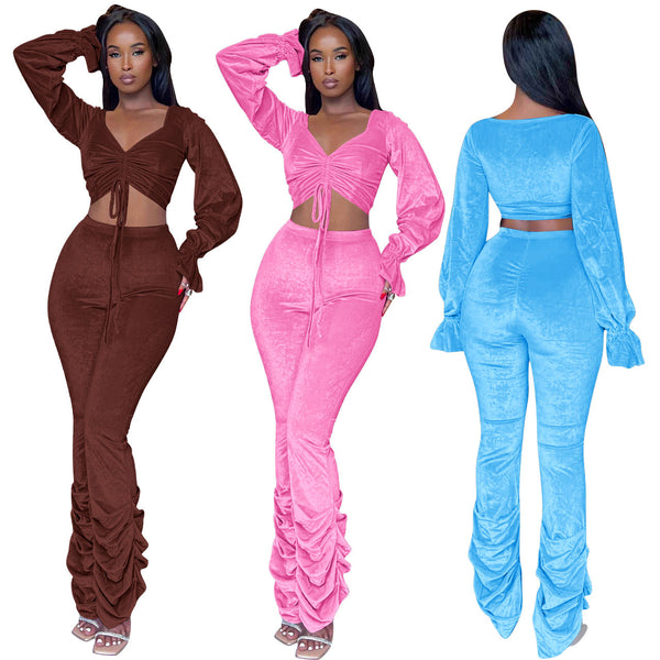 YD8767-B8 European and American women's clothing, 's new model, sexy non-inverted velvet wrinkled waist two-piece set