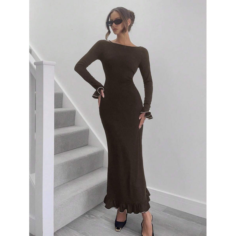 fashionautumelegancesilm round neck bell sleeves fishtail skirt ruffleslongdress