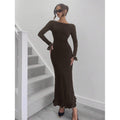 fashionautumelegancesilm round neck bell sleeves fishtail skirt ruffleslongdress