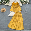 European and american retro style mature woman's minimalist chic set - spring puff sleeve top + elastic waist slimming midi skirt