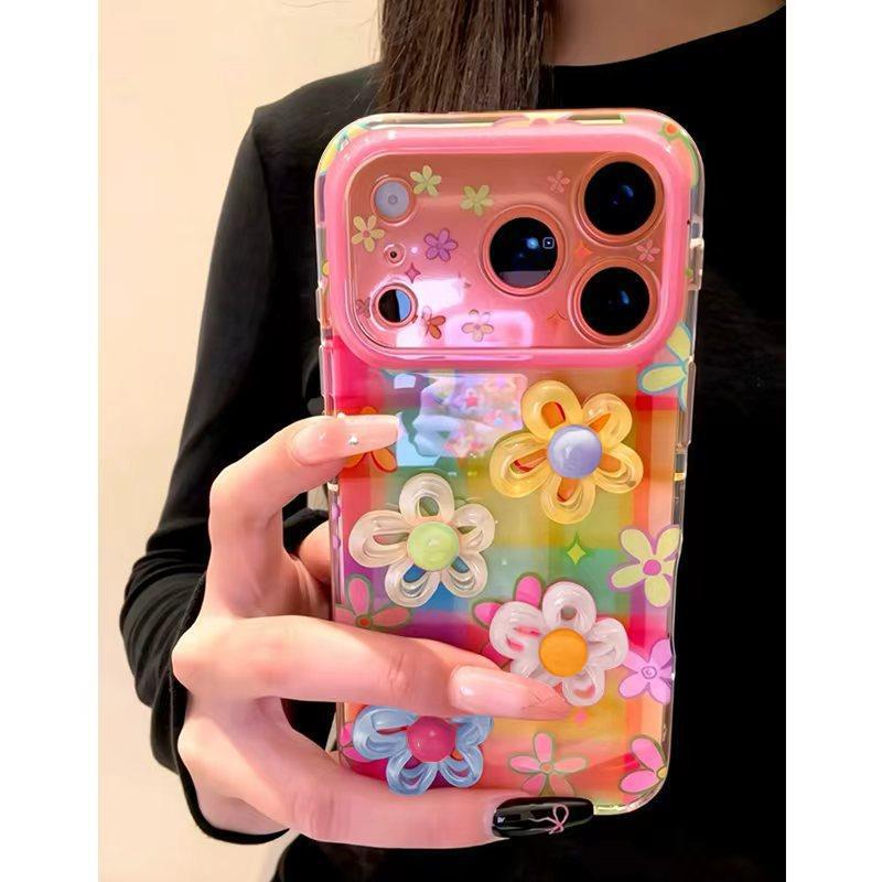 Sweet rainbow plaid 3d floral phone case for iphone 17 pro, apple 16 full coverage shockproof protective cover