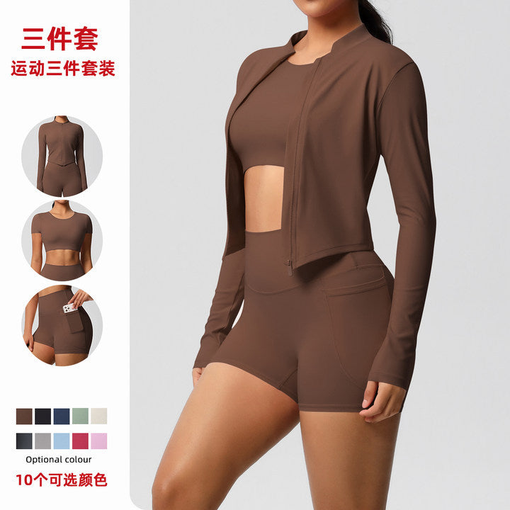 cloud-feel brushed short-sleeved sports zipper outwearflap pocket pants shorts hip-lifting fitness yoga wear three-piece set