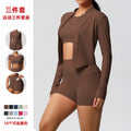 cloud-feel brushed short-sleeved sports zipper outwearflap pocket pants shorts hip-lifting fitness yoga wear three-piece set