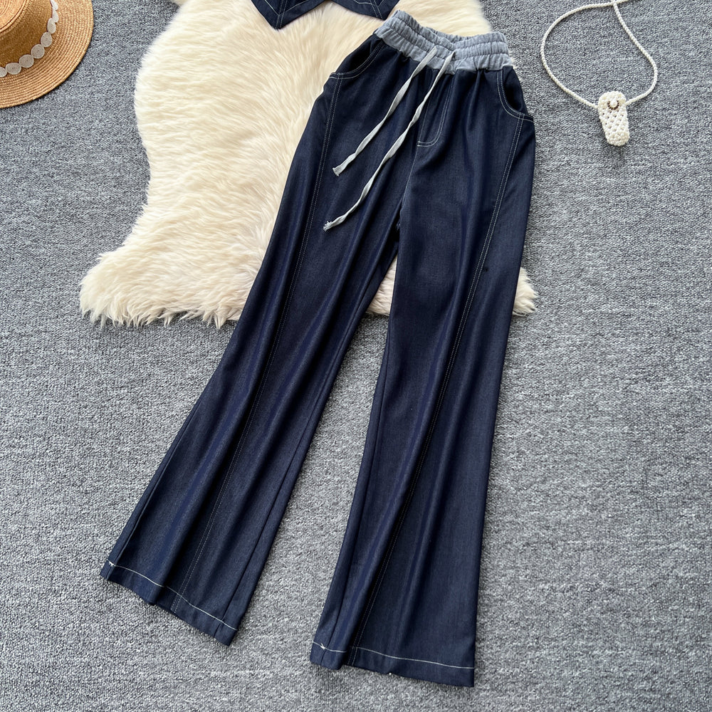 High-end women's summer outfit featuring a stylish v-neck sleeveless single-breasted top and a casual wide-leg pants two-piece set