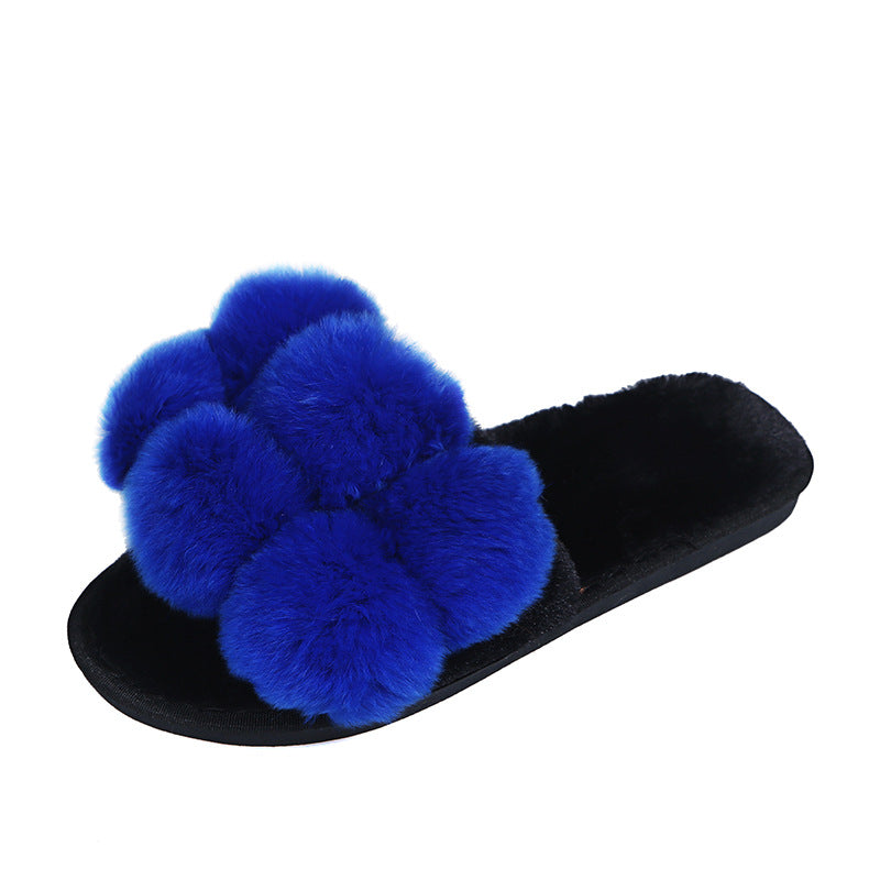 European and american style fashion pom-pom slippers - amazon new autumn/winter collection, plus size fox fur, export model, autumn/winter cotton slippers for women