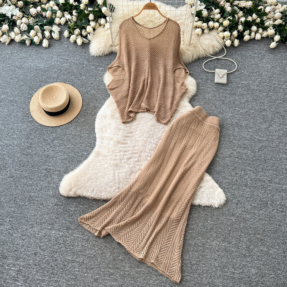 French chic cutout knit two-piece set - women's summer slim fit, slimming, minimalist, elegant, and professional attire