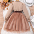 new girls' long-sleeve turn-down collar solid color mesh dress with woven belt