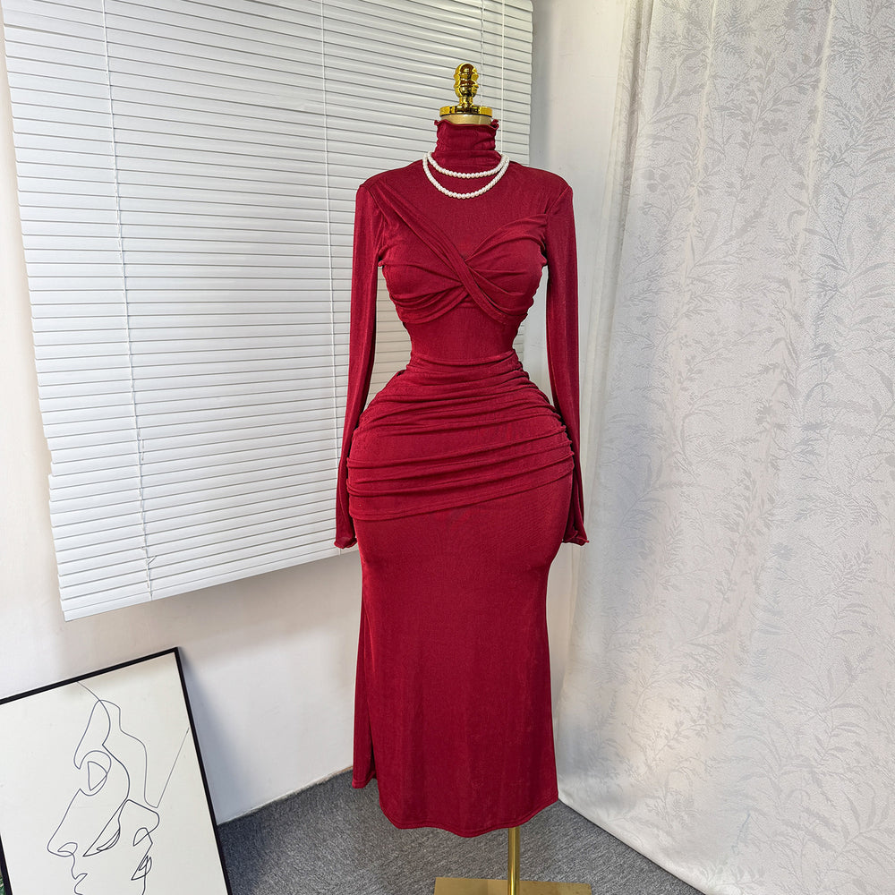fashion style evening dress  spring new arrivalfashionelegant silhouette high collar chest wrap hip long sleevesdress