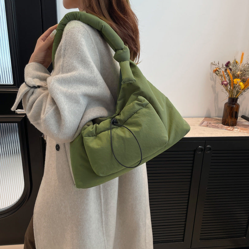 Casual fabric single shoulder messenger bag women's padded cotton knotted shoulder strap handbag cotton-filled drawstring tote bag wholesale
