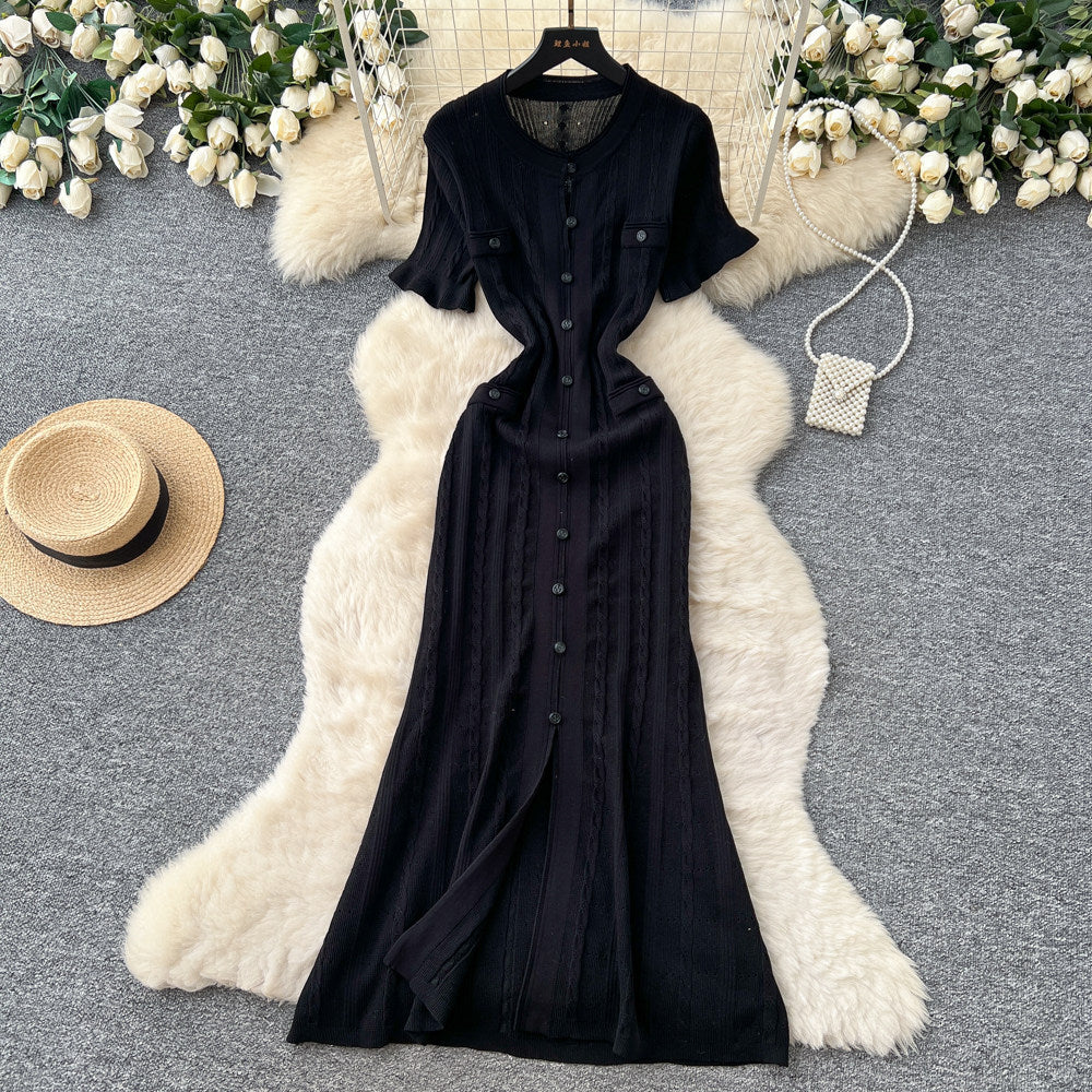 European and american style minimalist elegant knitted dress - women's summer single-breasted hollow-out slimming design - chic long dress