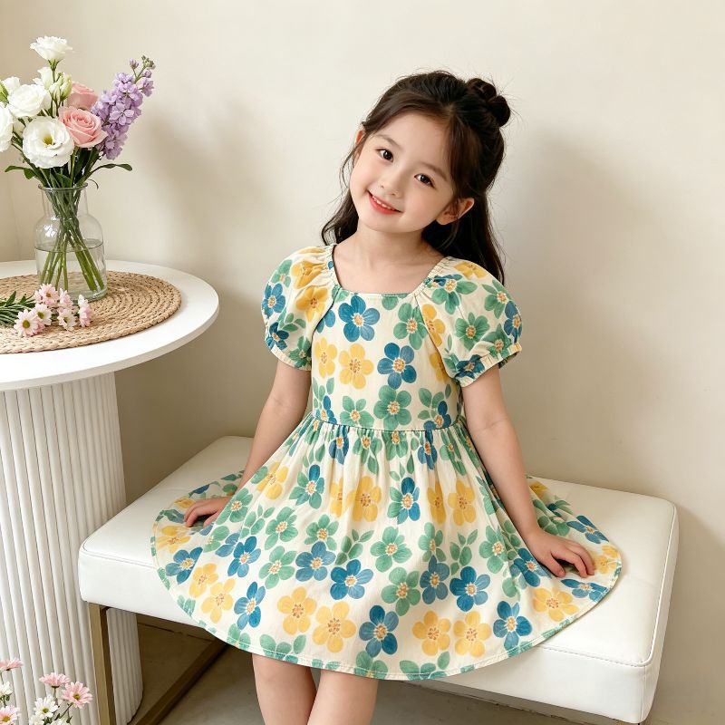 【matching family outfit】girls' floral dress - new summer collection, kids' square neck puff sleeve princess dress, baby dress
