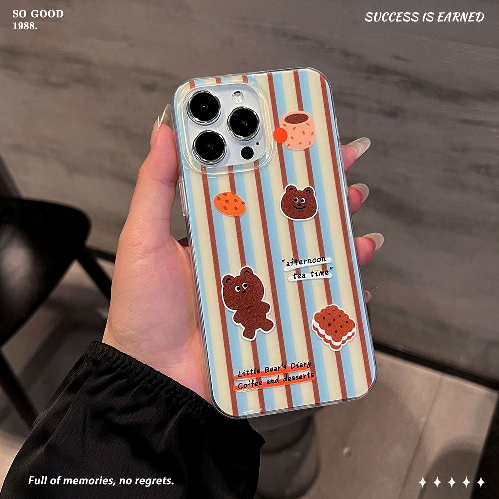 Classic striped apple 17 pro max phone case, iphone 16 creative coffee bear trendy phone case