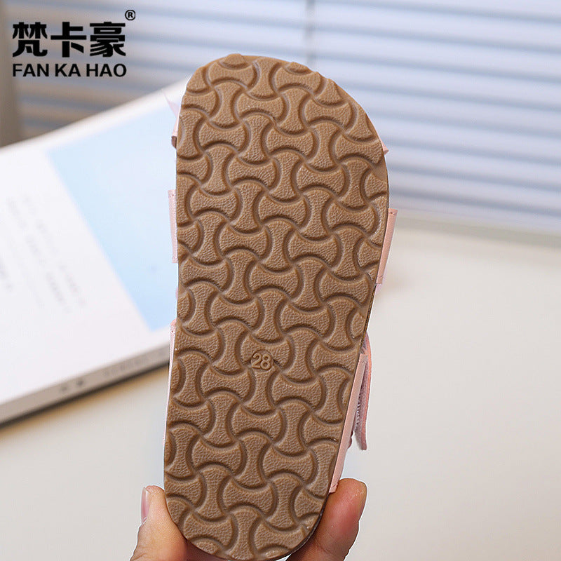 Vancahao niche style design fish mouth birkenstock shoes  summernew arrivalgirl small flower cork sandals beach shoes