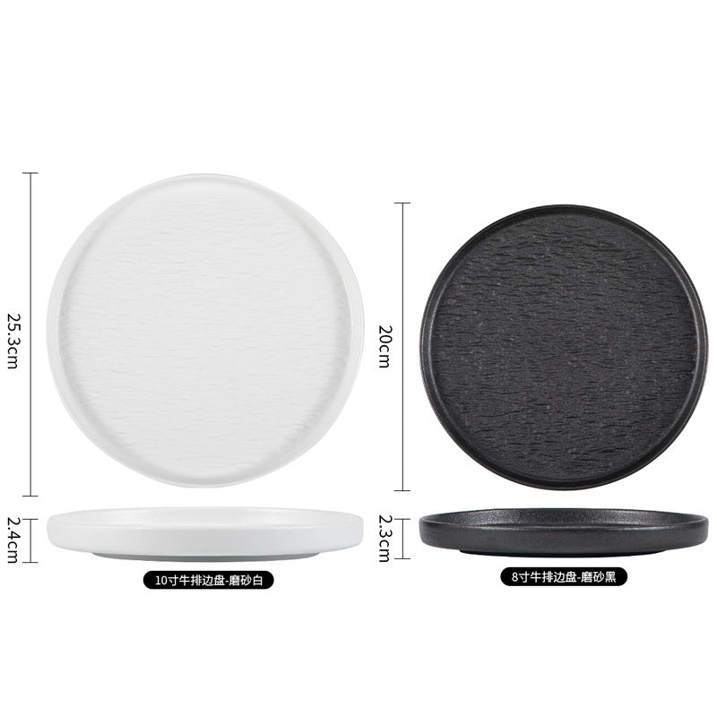 Japanese-style premium black and white ceramic dinnerware - high-end rock texture dinner plates for home use - round steak and chop dishes for restaurants