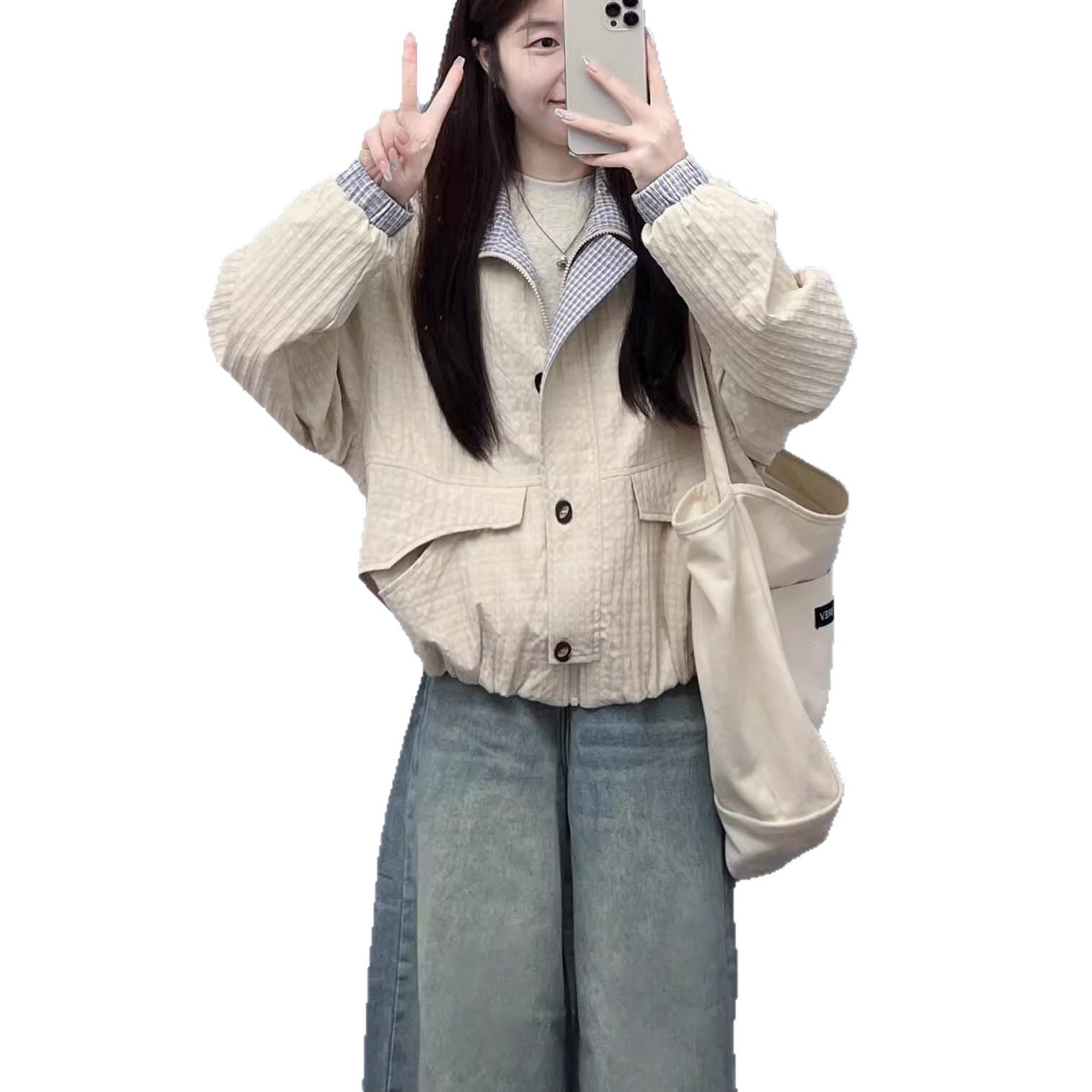 Retro loose contrasting coat women's 2025 early spring high-end niche design stand-up collar plaid short jacket top