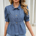 Fashion cross-border women's dark blue denim doll shirt tops lapel single-breasted puff sleeves waist rufflesshirt