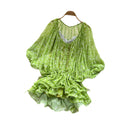 Vacation style green floral short-sleeved dress women's summer rufflesv neck bat sleeve high waist a-line skirt light oxygen feel