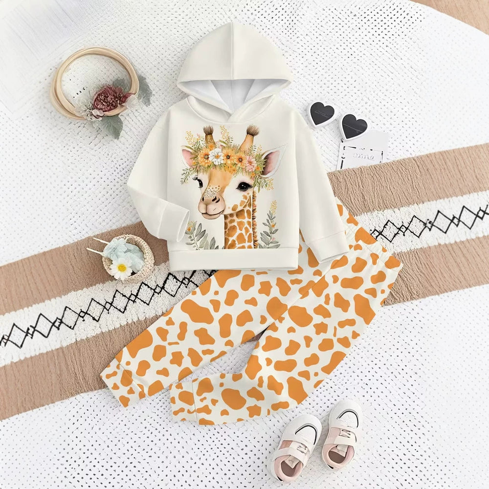Kids' hoodie set, cross-border hot-selling cartoon animal print girls' fashion hooded sweatshirt and sweatpants set