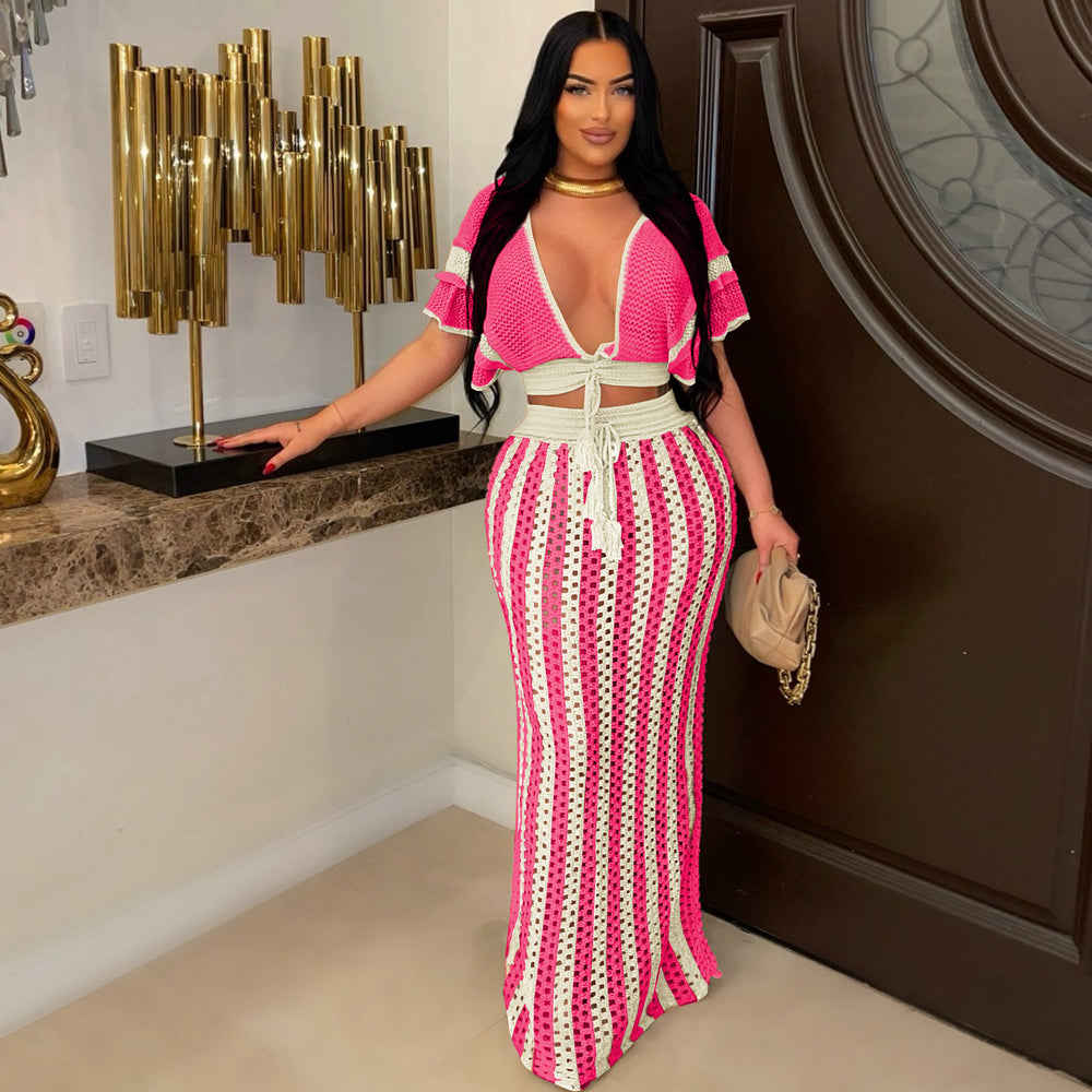 Amazon source goods: new summer european and american style women's sexy v-neck hollow-out striped knitted maxi dress set