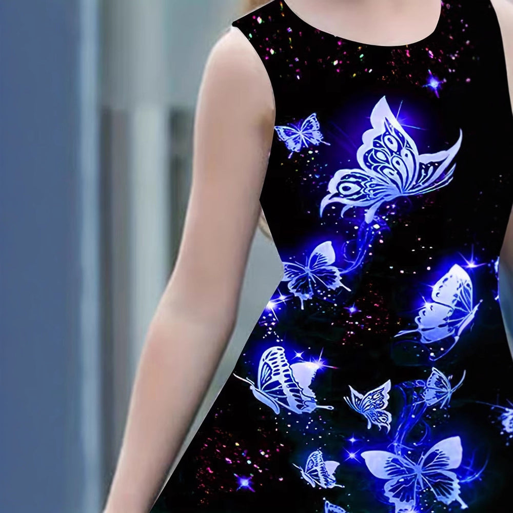 Girls' sleeveless summer dress with fashionable butterfly print - 100% polyester, machine washable