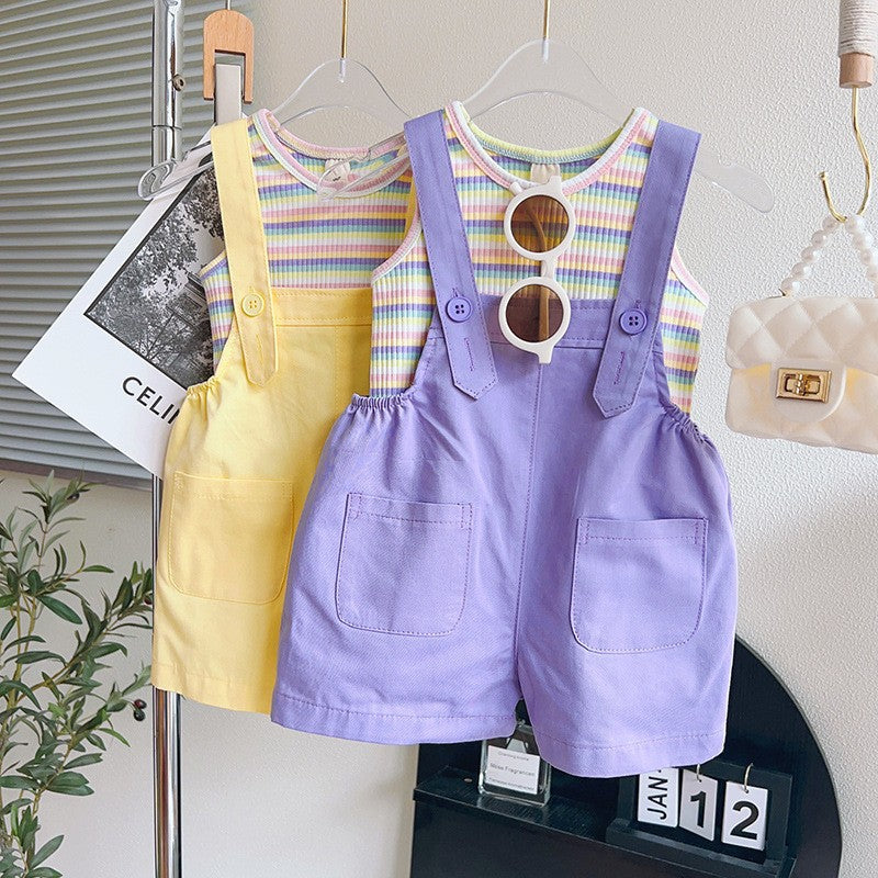 Little girl's summer fashionable korean style two-piece set,  new summer collection, cute children's overalls set