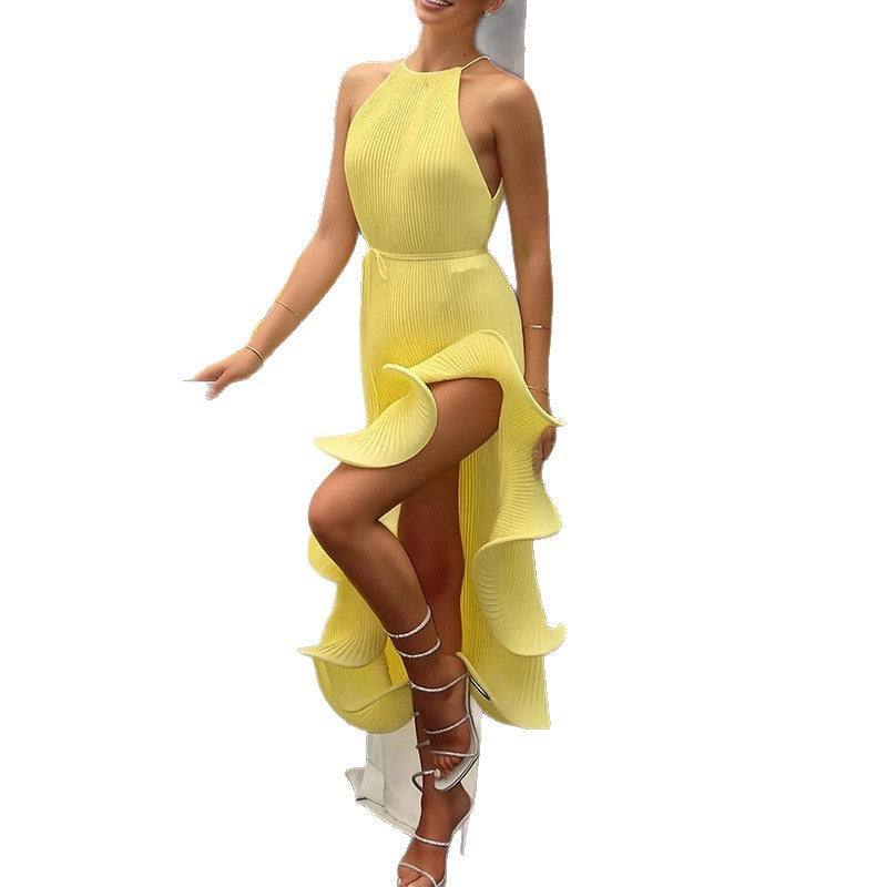 summer new women's clothing:  cross-border fashion - sexy halter neck ruffle trim slit pleated dress