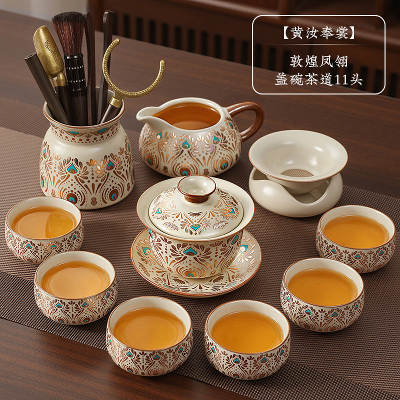 Dunhuang ru kiln tea set suitfor home office kung fu tea setaccessible luxuryhigh-end teapot tea cup cover bowl complete set