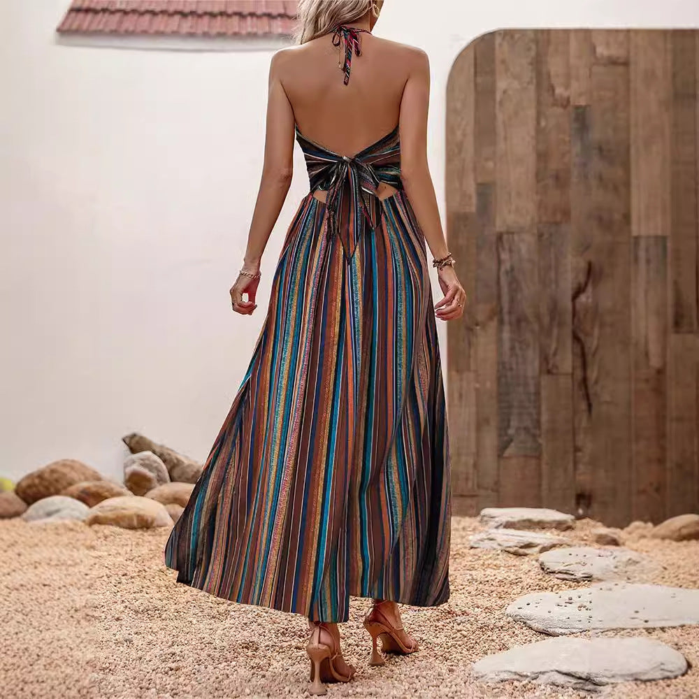 Amazon  spring/summer striped print maxi slip dress women's chiffon fashion sexy painted