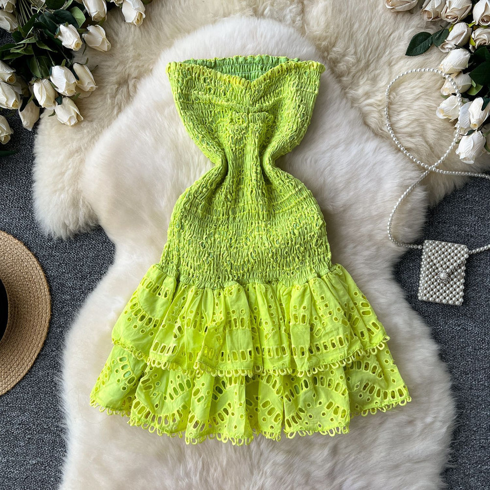 New women's vacation dress: designer ruched sleeveless bandeau dress with cinched waist, slimming cutout embroidery, and ruffle hem