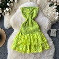 New women's vacation dress: designer ruched sleeveless bandeau dress with cinched waist, slimming cutout embroidery, and ruffle hem
