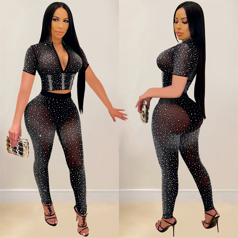 C6256 cross-border   fashion women's solid color mesh rhinestone short sleeve top and pants two-piece set