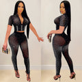 C6256 cross-border   fashion women's solid color mesh rhinestone short sleeve top and pants two-piece set