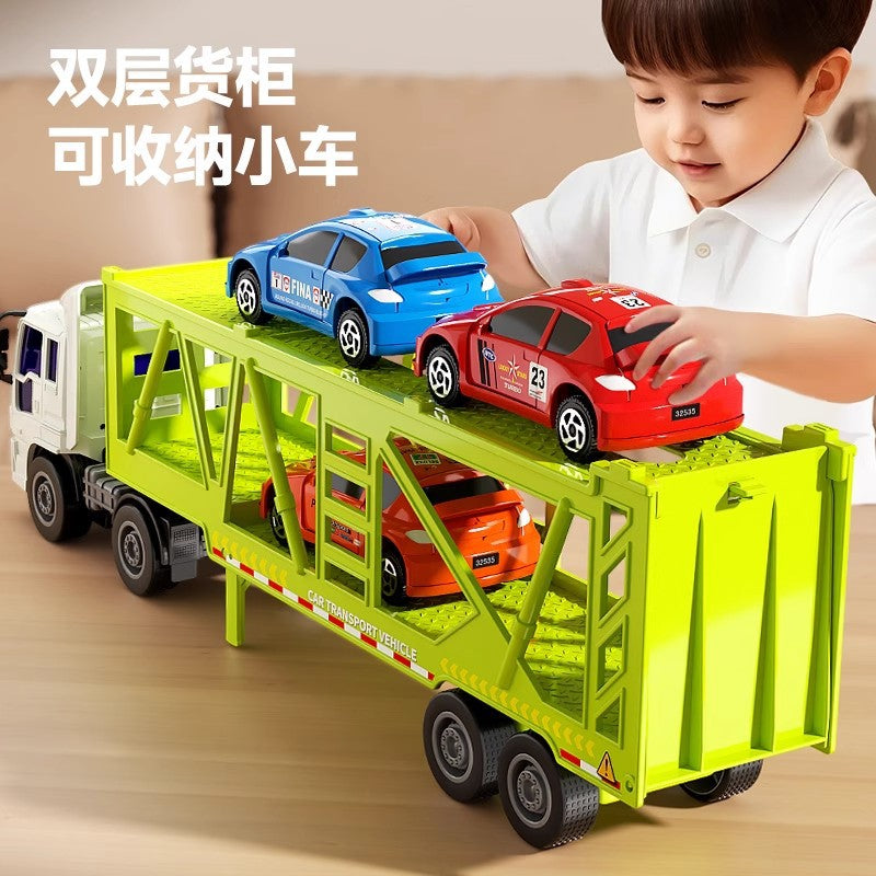 Kids double-layer fire flatbed transport truck large size resistant to falling engineering trailer container toy inertia car model boy