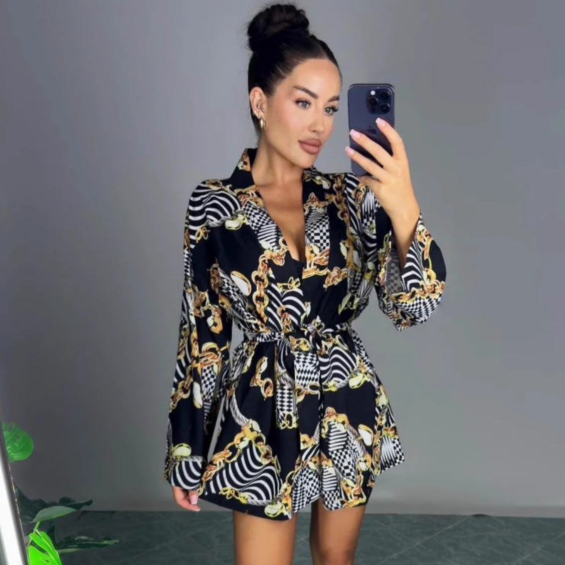Cross-border European and American new women's clothing cardigan printed shirt women's casual shorts set  fashion two-piece set