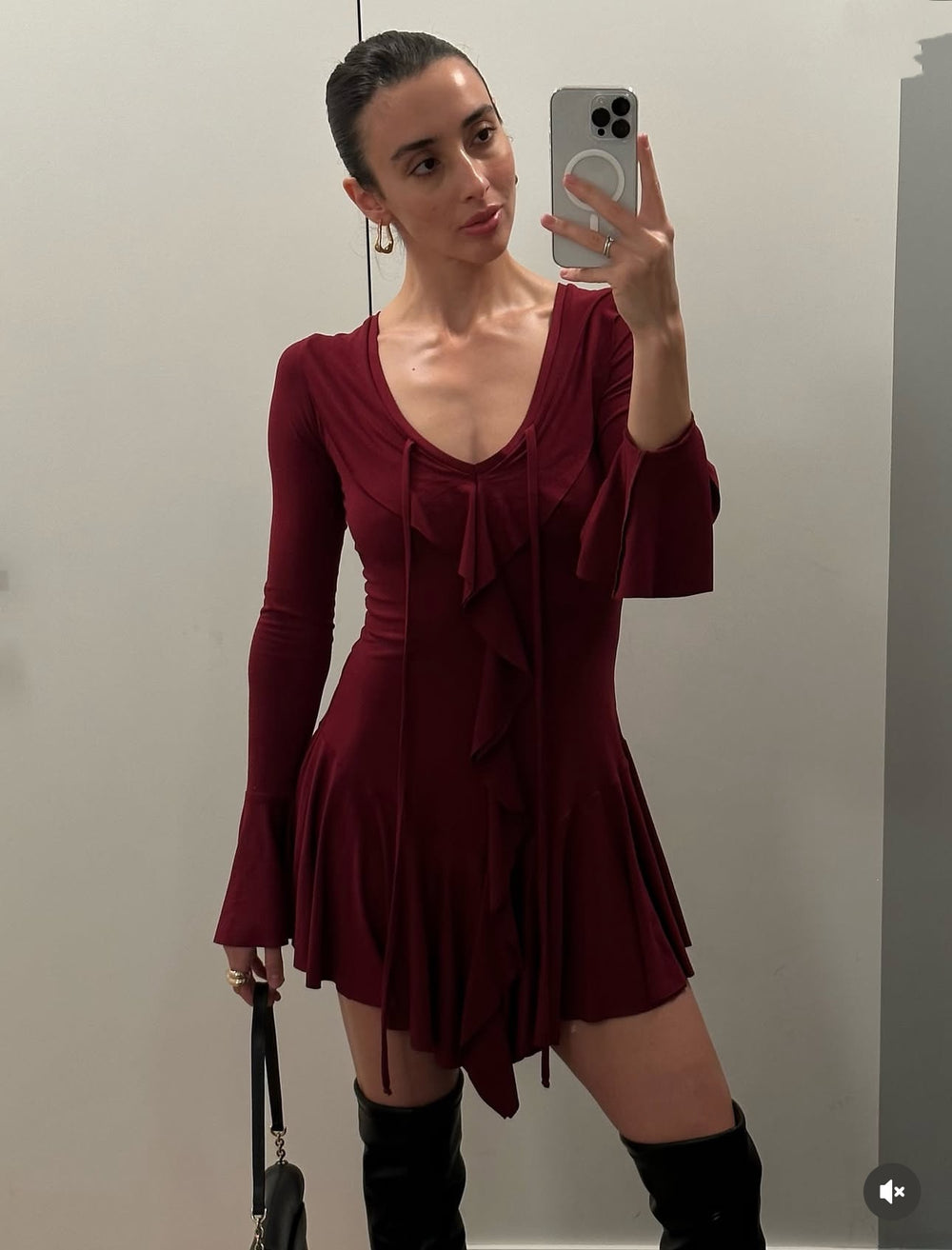 New arrival:  -style elegant ruffle trim bodycon mini dress - solid color flared long sleeve tie-up dress