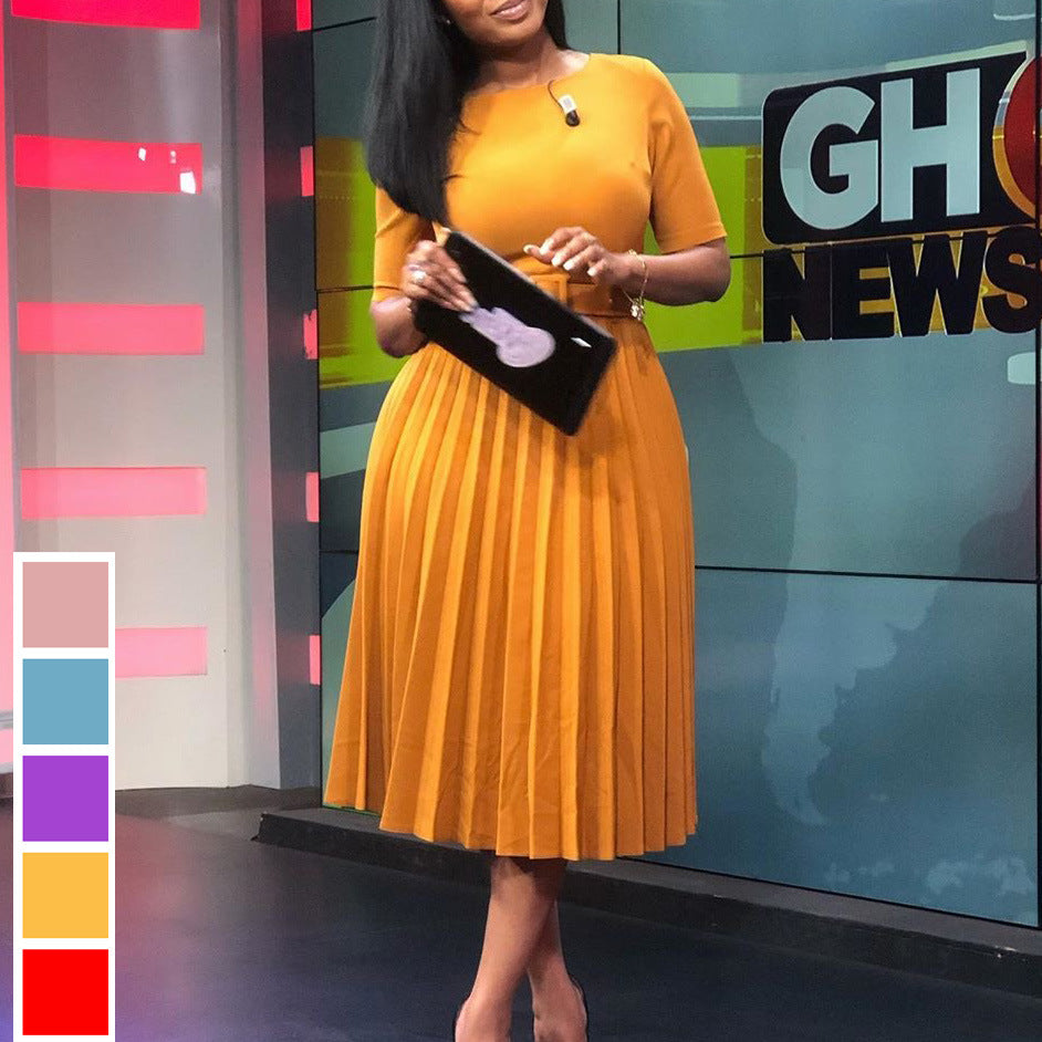 D028 dress - women's foreign trade summer  short sleeve high waist yellow pleated skirt african plus size european and american style dress